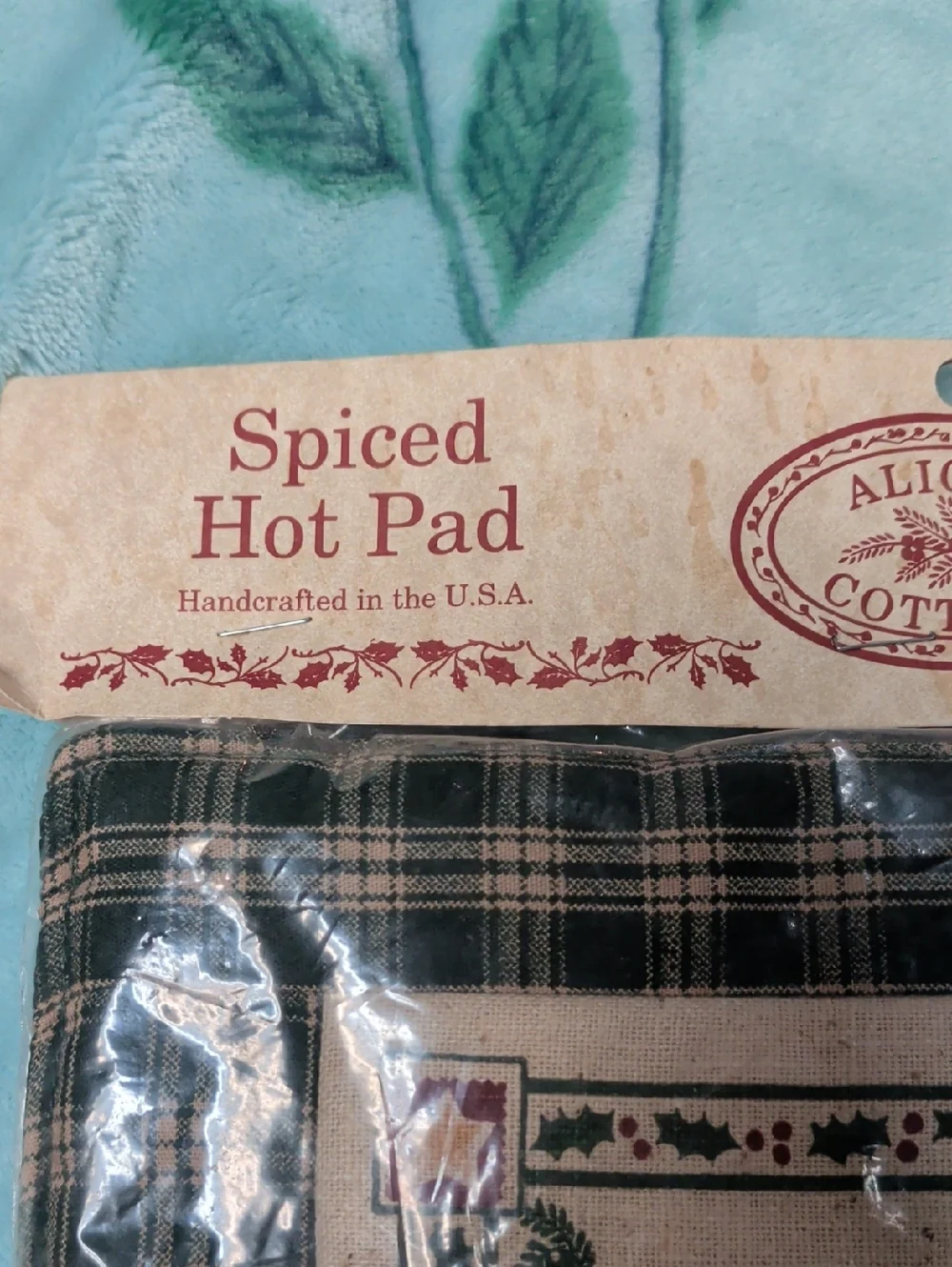 Alice's Cottage Spiced Hot Pad - Black Plaid with Holiday Gingerbread Design